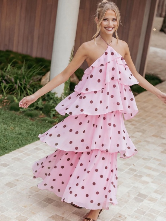 Petal & Pup Dresses & Skirts - Pink Polka Dot Tiered Halter Maxi Dress